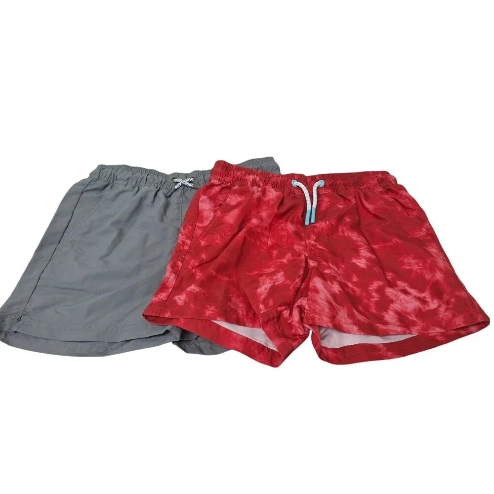 2 New Art Class Boys Medium Red Gray Drawstring Waist UPF 50+ Swim Trunks